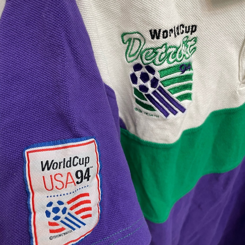Vtg APEX ONE World Cup Detroit USA 94 Purple White Green 100% Cotton Polo Shirt
